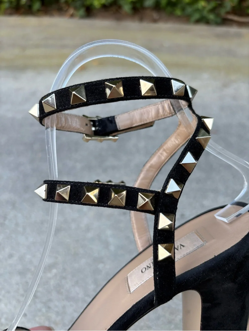 Valentino Rockstud black suede double ankle strap block heel sandal 36.5